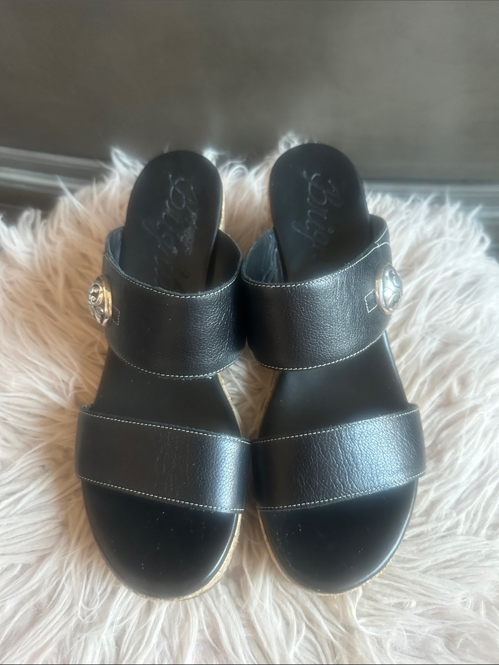 Brighton Black Leather Double-Strap Slide Sandals with Silver Medallion
